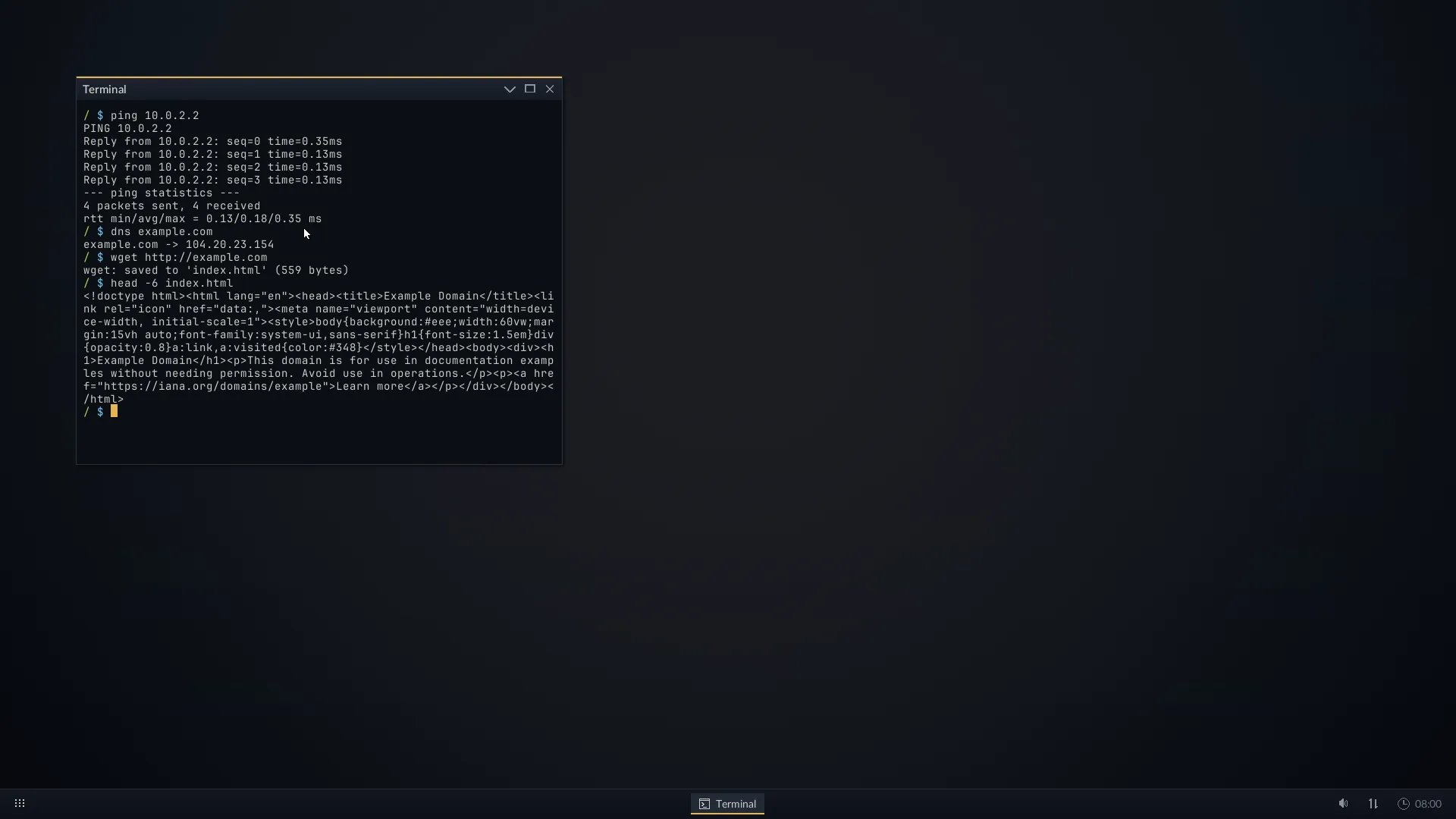 The EDOS desktop: four windows showing the process table, the kernel log, a text editor and a widget toolkit demo, over a taskbar.