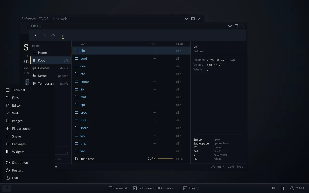 The EDOS desktop with the applications menu open, listing Terminal, Files, Editor, Web, Images, Play a sound, Snake, Packages and Widgets, over the file manager and the browser.