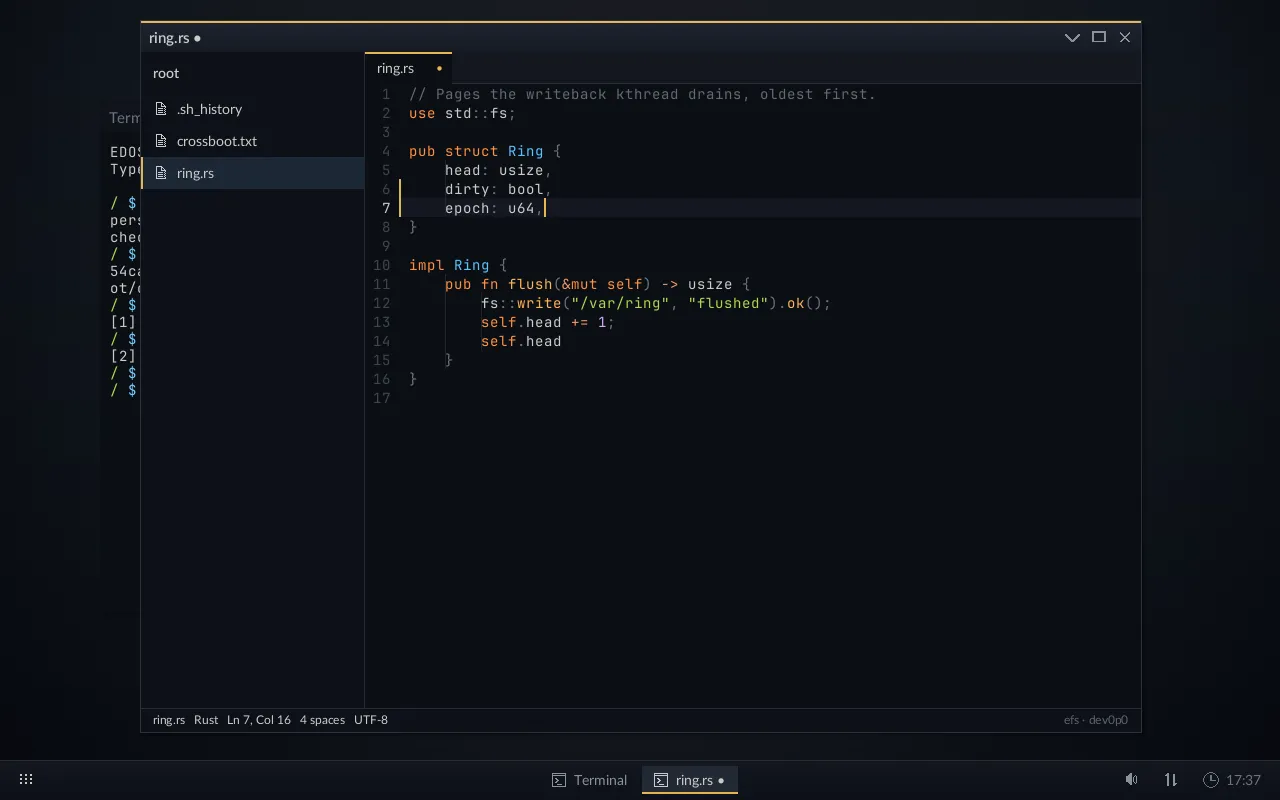 The EDOS graphical editor showing a Rust file: a file tree on the left, a tab strip, syntax-coloured code with line numbers, and two edited lines marked in the accent colour down the gutter.