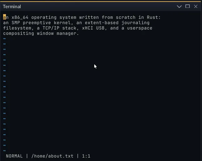 The EDOS editor in normal mode, editing a file, with the mode, path and cursor position on the status line.