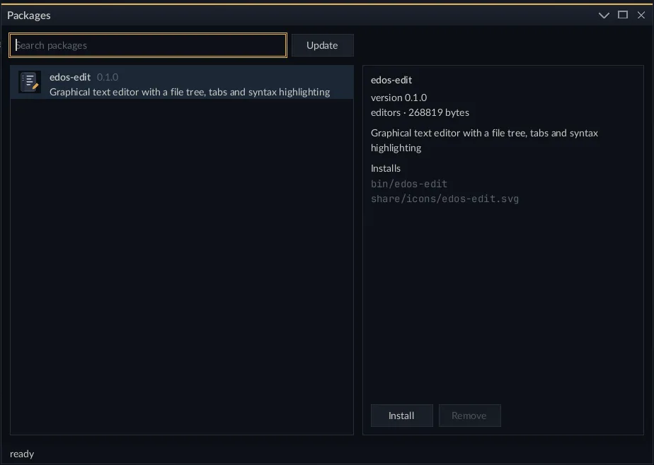The edos-grab window: a search field and an Update button above a list showing edos-edit with its icon, version and summary, and a detail pane on the right giving the version, category, size, the paths the package installs, and Install and Remove buttons.