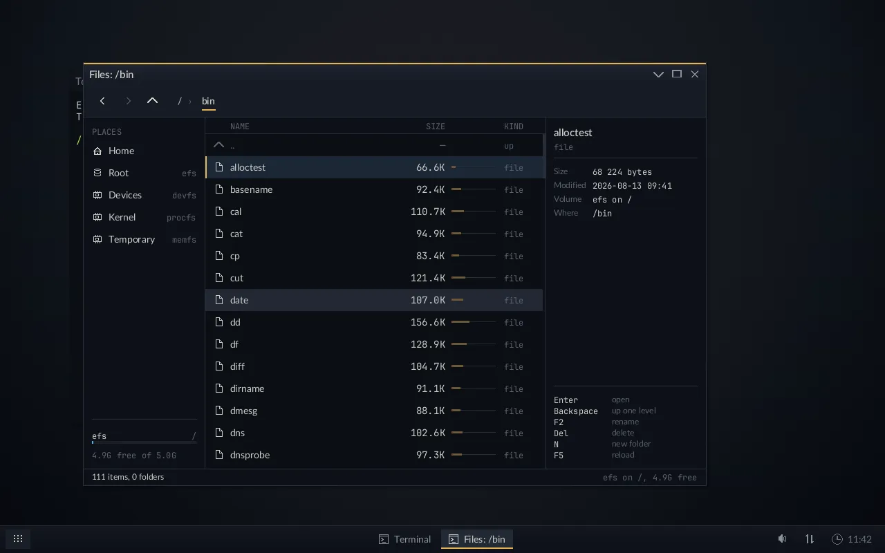 The EDOS file manager listing /bin, with a bar beside each binary’s size ranking it against the largest and smallest file in the directory.