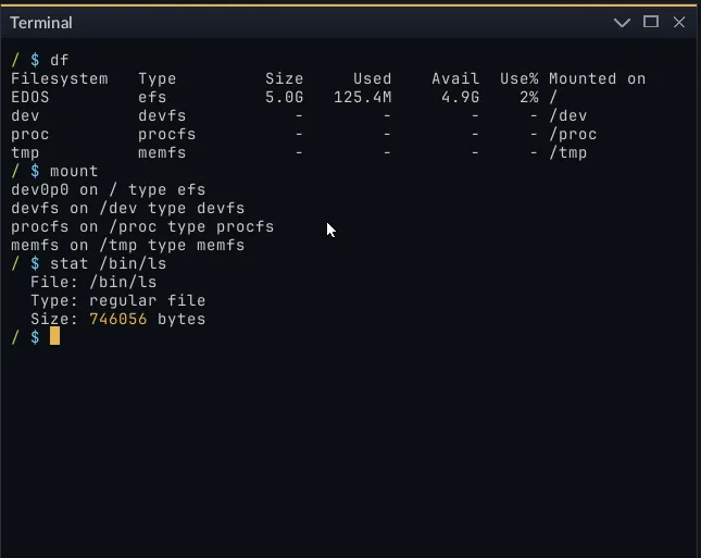 A terminal showing df, mount and stat output in EDOS.