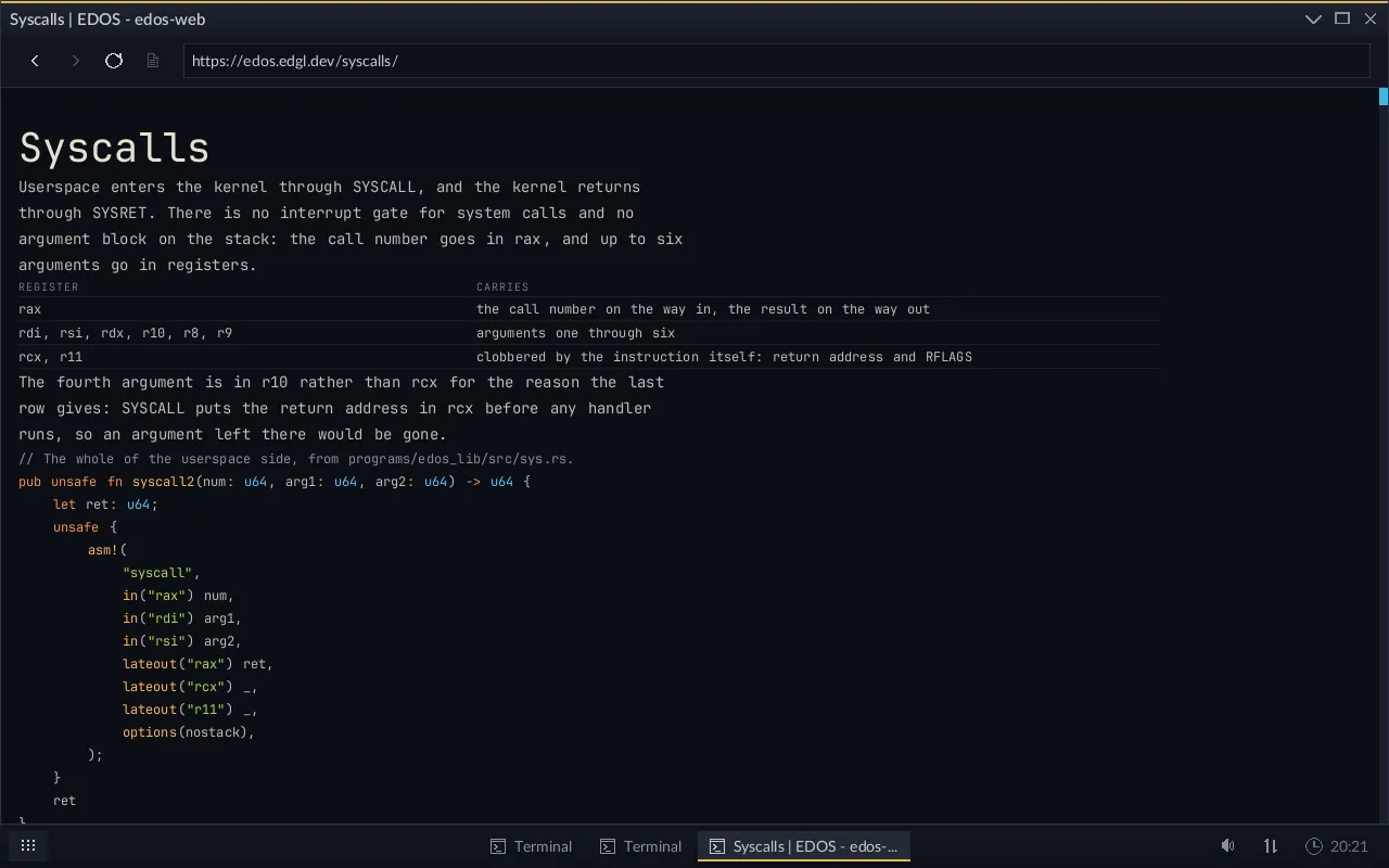The EDOS browser filling the screen, showing this site’s syscalls page: a heading, a two-column table of registers, and a syntax-coloured Rust listing of the syscall2 wrapper.