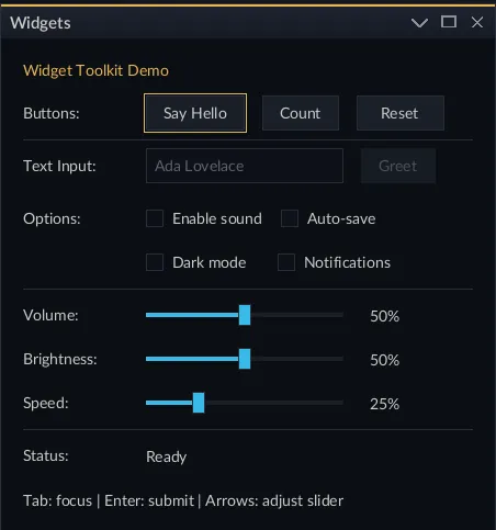 The EDOS widget toolkit demo window with buttons, a text input, checkboxes and sliders.